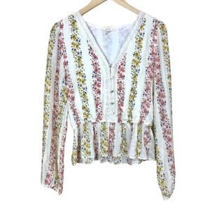 Le Lis Button Front V-Neck Floral Swiss Dot Long Sleeve Blouse Size Medium